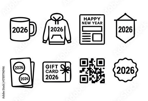 A collection of items themed for New Year 2026, including a mug, hoodie, banner, gift card, and QR code. Each piece features the year 2026 showcasing excitement for the holiday.