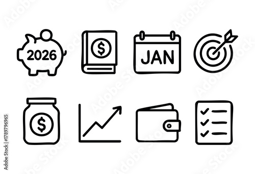 Various financial icons represent planning and budgeting for 2026. They include a piggy bank, calendar, goal chart, and wallet, highlighting the importance of money management.