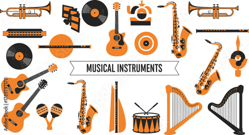 Collection of Orange Musical Instruments Trumpet, Guitar, Saxophone, Harmonica, Harp