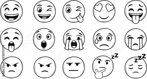 Collection of Hand Drawn Emoji Icons with Various Expressions on Transparent Background