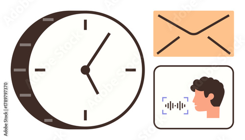 Clock representing time, envelope signifying email, and profile talking into voice recognition. Ideal for productivity, communication, time tracking, efficiency, technology, workflow collaboration