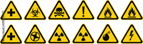 Collection of Yellow Warning Signs with Biohazard Skull Radiation Fire Symbols