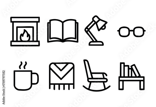 A cozy space with a fireplace, an open book, a reading lamp, glasses, a steaming mug, a soft blanket, and a rocking chair, ideal for enjoying a peaceful afternoon.