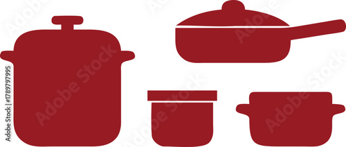 Red Kitchen Cookware Icons. Solid, filled icon set of kitchen cookware