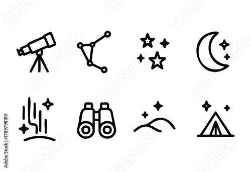 Various icons depict stargazing activities, including a telescope, binoculars, stars, a crescent moon, and a campsite. These symbols reflect the joy of exploring the universe.