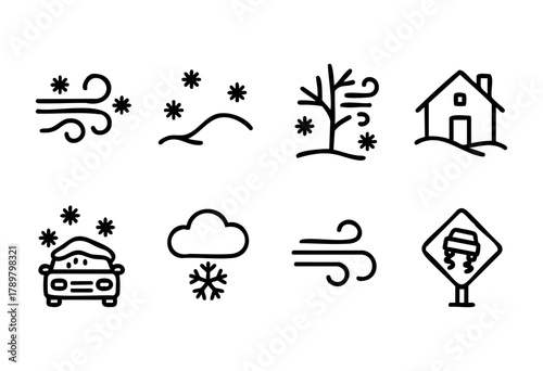 A collection of weather icons illustrates winter elements such as snowflakes, a tree, and a car with snow. These symbols convey cold conditions, wind, and potential driving hazards.
