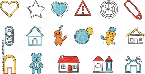 Colorful Childlike Drawings of Hearts, Stars, Houses, Animals and Object on White