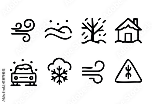 Various weather symbols depict wind, snow, and cold conditions. Icons include gusts, snowflakes, a tree, and a car, conveying different atmospheric scenarios effectively.