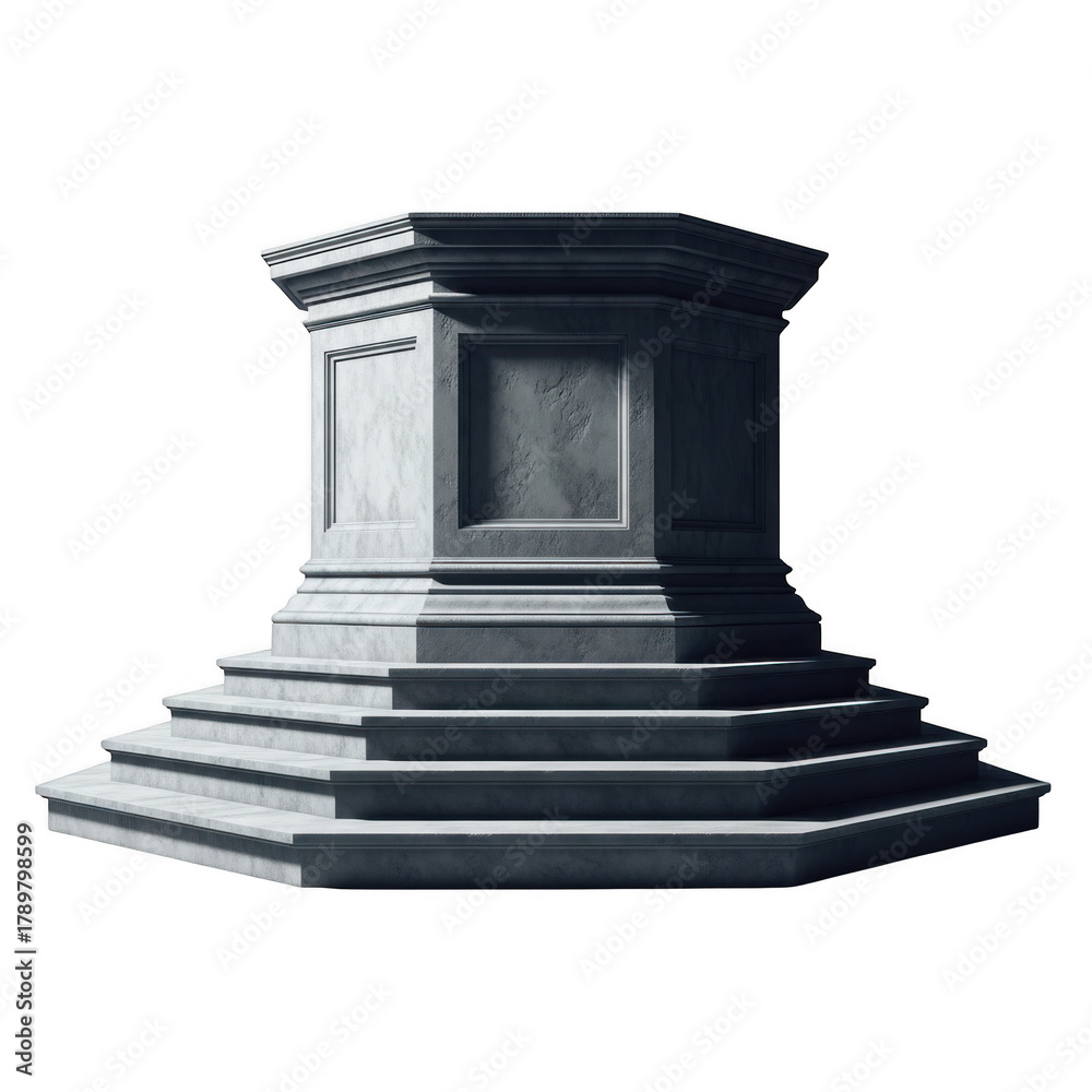 Fototapeta premium Classical stone pedestal with tiered steps, architectural marble plinth for product display, grey granite monument base isolated on white