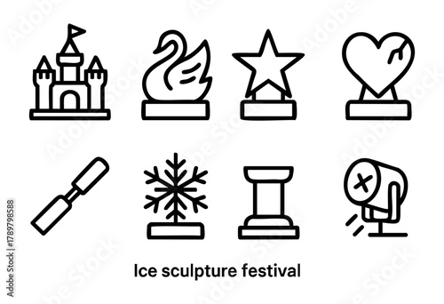 Artists create stunning ice sculptures representing various designs at a lively ice sculpture festival. Visitors admire the intricate details and enjoy the festive atmosphere.