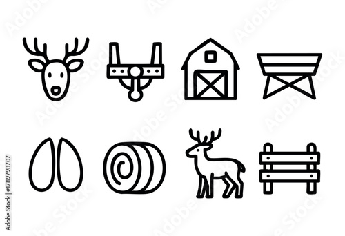 This collection features clear line drawings of a deer, barn, hay bale, seeds, and wooden fence. Each design captures elements of rural life with minimal detail and style.