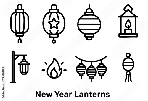 The image displays a collection of New Year lanterns in different styles, including round, star-shaped, and traditional lanterns. These designs symbolize joy and celebration during the holiday.