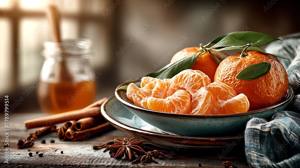 Fototapeta premium cozy still life with mandarins on a plate and cinnamon sticks
