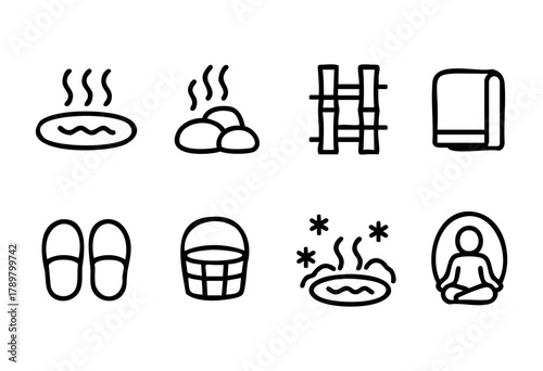 Various symbols depict a relaxing spa experience, featuring hot springs, stones, towels, slippers, baskets, and a meditating figure. This collection suggests tranquility and self-care.