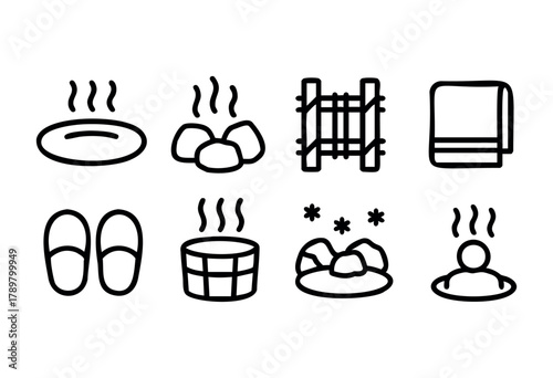 This collection includes symbols representing a tranquil spa environment. Features include hot stones, towels, sandals, and a bathing area, perfect for relaxation and self-care.