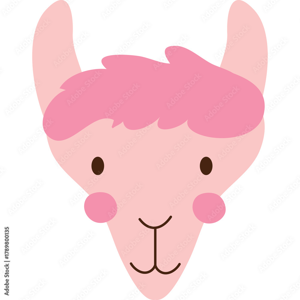 Naklejka premium Cute Pink Llama Face Illustration with Fluffy Hair and Rosy Cheeks on Transparent Background Simple Flat Design