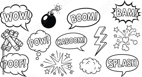 Comic Speech Bubbles and Explosion Elements Set on White Background