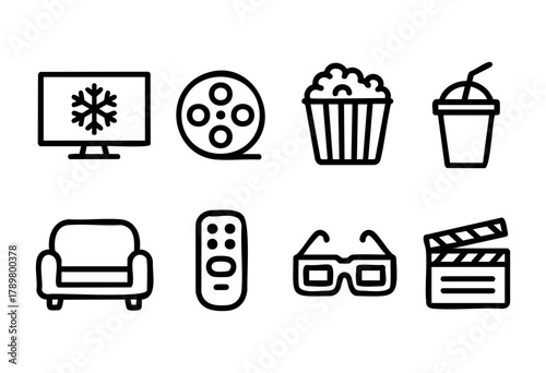 A warm and inviting setup for a movie night featuring a television, popcorn, drinks, a couch, and 3D glasses. Perfect for relaxing and enjoying films with friends or family.