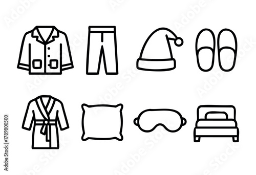 This scene showcases cozy sleepwear items including pajamas, a bathrobe, a sleep mask, and slippers, perfect for a relaxing winter night in. Soft pillows and a bed complete the look.