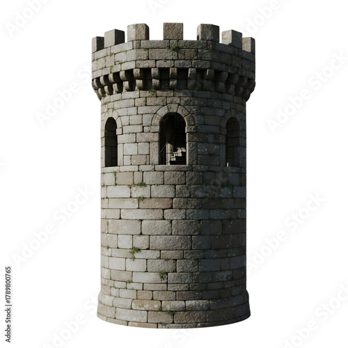 Ancient Stone Castle Tower with Crenellated Battlements and Arched Windows Isolated on Black Background Detailed Architectural Exterior