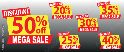 Discount Mega Sale Tags Vector Set, 50, 20, 35, 30, 25, 40 Off, Red Yellow Promotion Label EPS