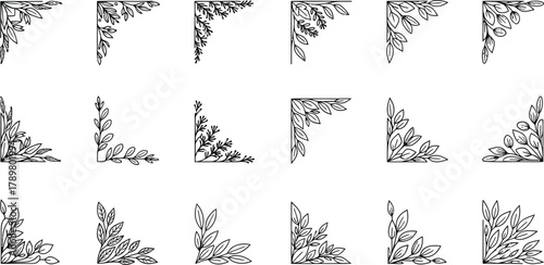 Corner leaf border set isolated on white background, botanical corner ornaments design