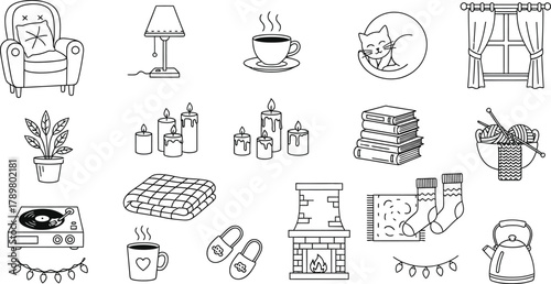 Cozy Living Line Art with Fireplace, Chair, Lamp, Book and Coffee Mug