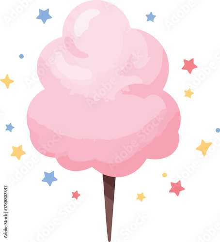 A 2D flat illustration of pink cotton candy on a stick surrounded by colorful stars against a white background.
