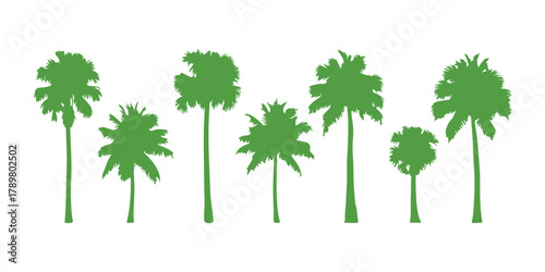 Palm trees in green are isolated on a white background. Green Silhouettes of palms. A design of palm trees suitable for posters, banners, and promotional uses. Vector illustration.