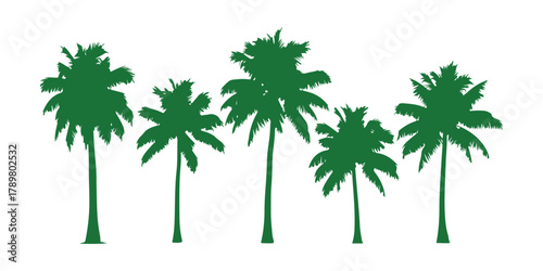 Green palm trees stand alone against a white backdrop. This design features palm trees for posters, banners, and promotional materials. Vector art.