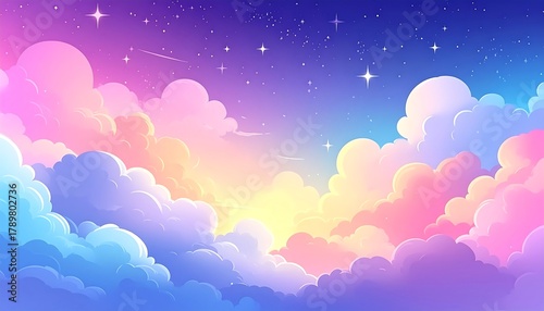 Dreamy Pastel Sky with Clouds and Stars Illustration.
