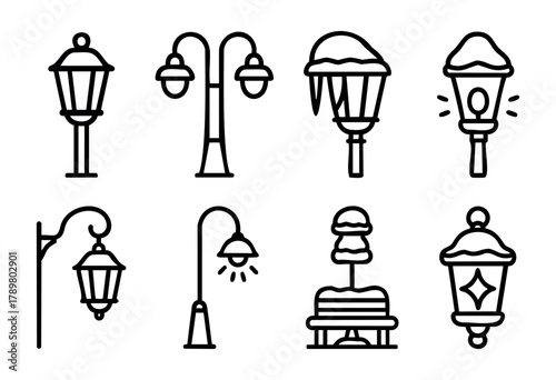 Various designs of street lamps and benches are displayed, featuring snow-covered elements suitable for winter decoration. These designs capture a charming seasonal atmosphere, ideal for outdoor setti