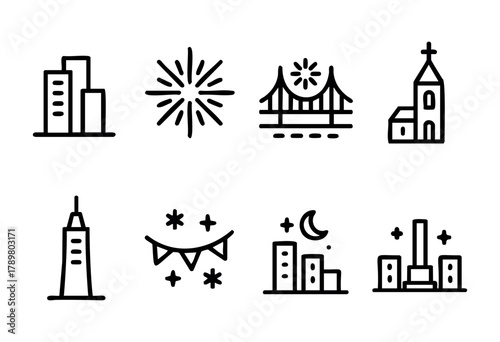 Various simple icons depict buildings, fireworks, a bridge, a church, and nighttime elements, capturing the energy of urban life and celebrations in a lively city setting.