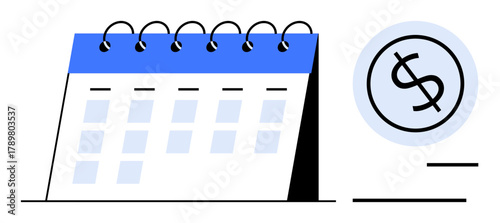 Simplified calendar page adjacent to a dollar symbol, emphasizing budgeting, scheduling, and financial planning. Ideal for time management, finance, productivity, savings deadlines planning. Simple