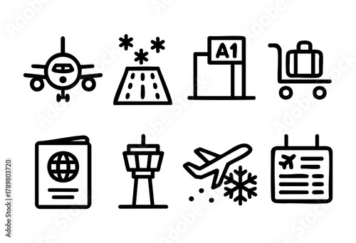 Various travel icons showcase key elements like flights, luggage carts, passports, snow, and airport signage. Perfect for illustrating travel-related themes and services.
