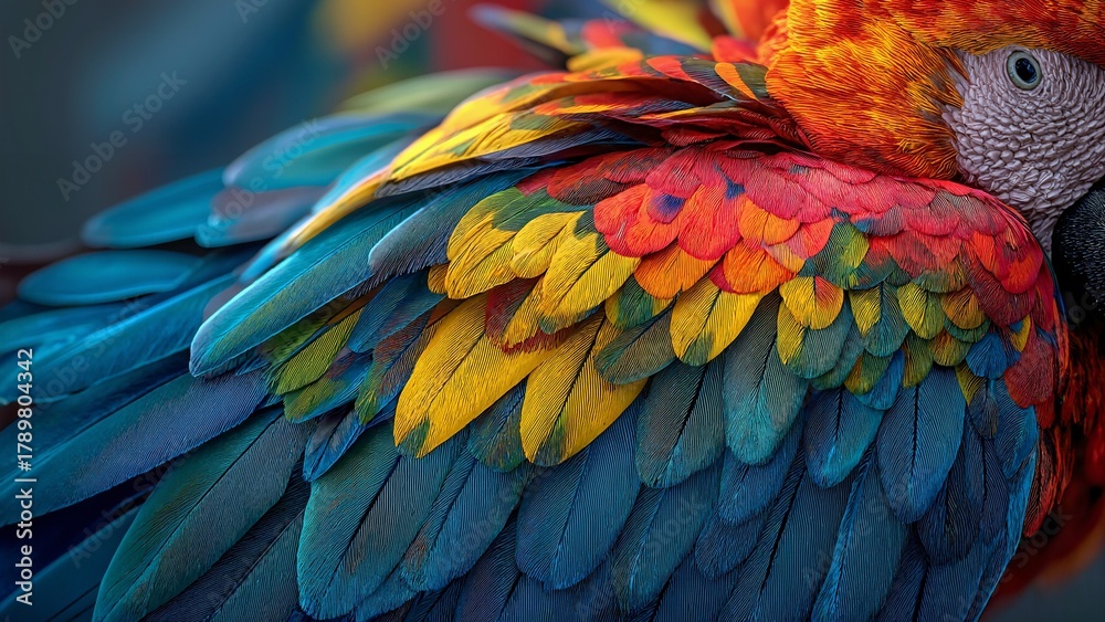 Obraz premium Close-up of the vibrant, colorful plumage of a Scarlet Macaw parrot.