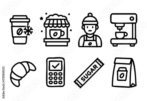 A cozy setting features a barista preparing coffee with a machine. Winter drinks and croissants are available, creating a warm atmosphere for customers.