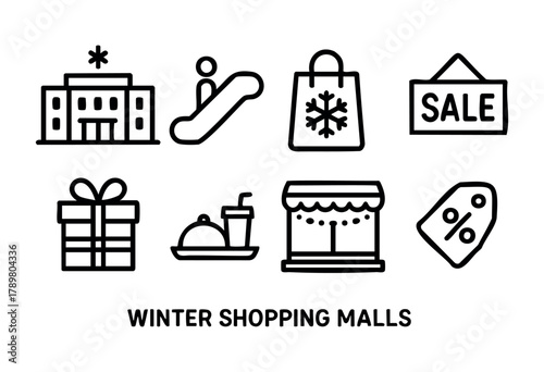 Winter shopping malls display holiday cheer with decorations, sales signs, and shoppers enjoying food and drinks. Gift-wrapped boxes and festive imagery enhance the atmosphere during the season.