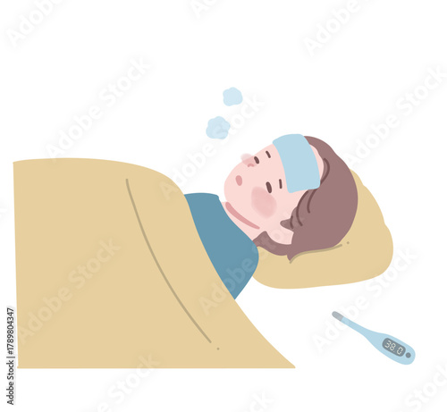 熱を出して寝込んでいる男の子　フラットイラスト