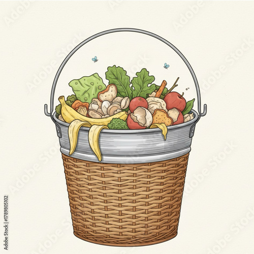 A woven bamboo trash can. A trash can that holds kitchen waste such as fruits, vegetables, and other ingredients.