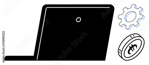 Laptop silhouette with gear and coin symbolizing technology, cryptocurrency, and financial operations. Ideal for technology, innovation, finance, cryptocurrency, productivity, automation simple flat