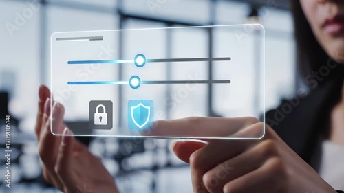 Wallpaper Mural Hands interact with transparent digital security interface featuring lock icons, shield symbols and blue adjustment sliders. Cybersecurity control panel enables privacy settings configuration, data Torontodigital.ca