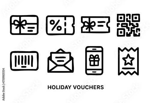 Different types of holiday vouchers are shown, featuring items like gift cards, discounts, QR codes, and online presents. The style is simple and minimalist, with clear icons.