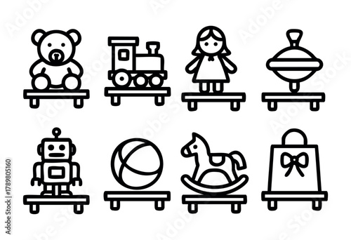 Classic toys including a teddy bear, train, doll, spinning top, robot, basketball, rocking horse, and gift box are lined up on shelves. The display exudes nostalgia and joy.