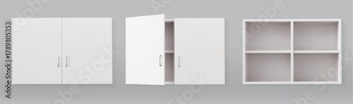 3D white kitchen cabinets with empty shelves. Vector realistic set of cupboard mockups with open and closed doors, home or office furniture for storage, wooden wall bookcase, interior design elements