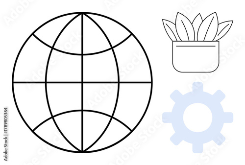 Globe with latitude and longitude lines, potted plant, and gear. Ideal for sustainability, environment, technology, teamwork, innovation growth global connection. Simple flat metaphor