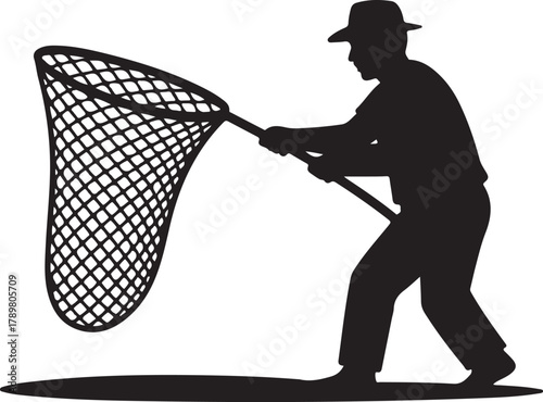 Silhouette icon of a fisherman pulling a net
