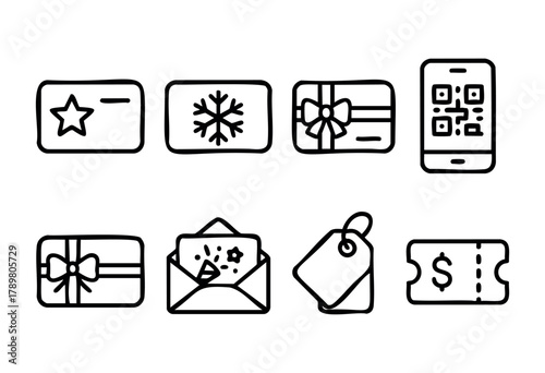 A collection of illustrated gift cards, including designs with stars, snowflakes, and bows. Also features digital vouchers and tags, perfect for any gifting occasion.