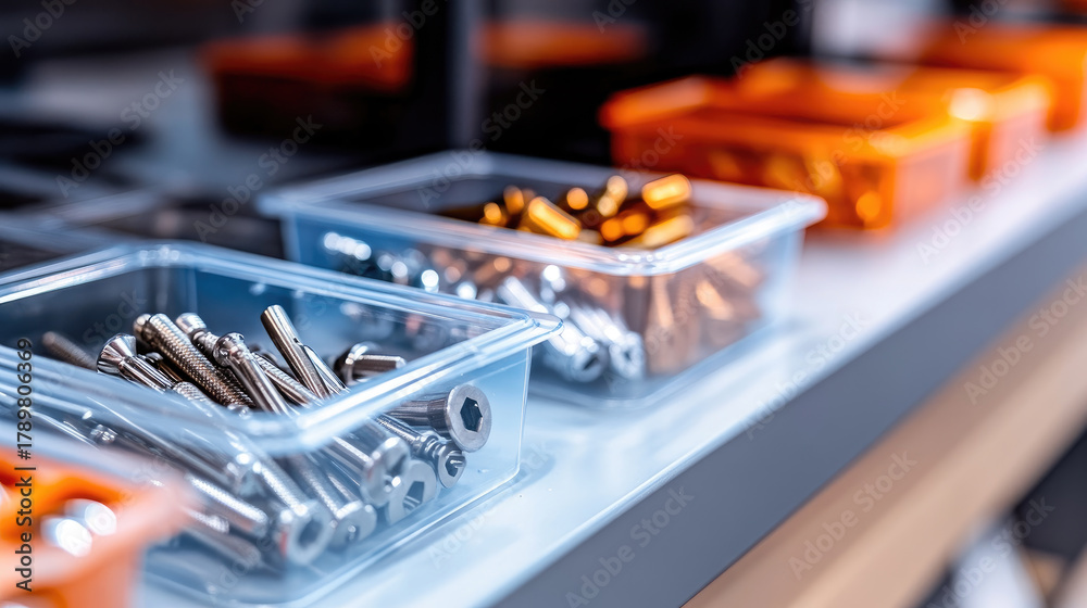 Fototapeta premium clear plastic boxes with sorted nails, screws, and bolts in a store display, organized and well-lit