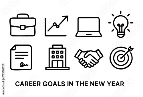 Various symbols related to career goals for the new year, featuring a briefcase, laptop, light bulb, and other elements representing success and collaboration in the workplace.